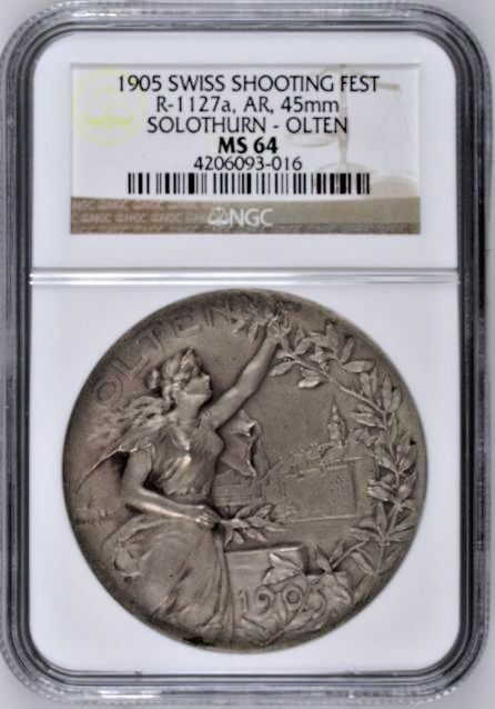 Swiss 1905 Silver Shooting Medal Solothurn Olten R-1127a Switzerland NGC MS64