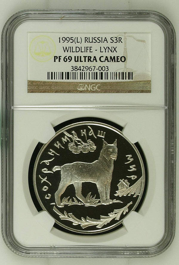 Russia 1995 Silver Coin 1oz 3 Rouble Wildlife Lynx NGC PF69 Ultra Cameo