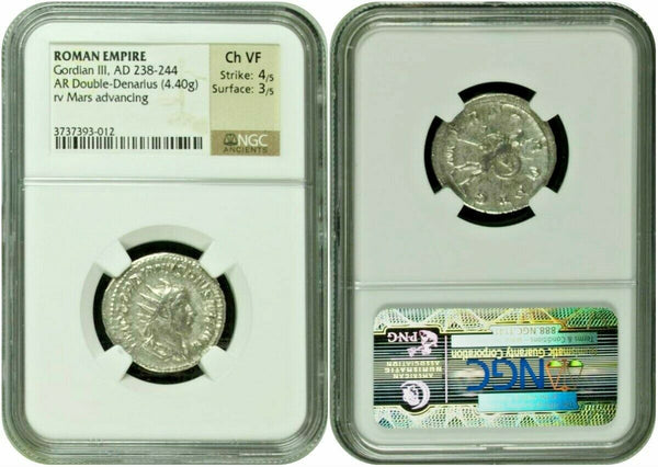 Roman Empire Gordian III AD238-244 Double Denarius Mars advancing NGC Ch VF