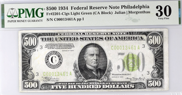 1934 $500 Federal Reserve Note Philadelphia PMG VF30 Fr#2201-Clgs Light Green