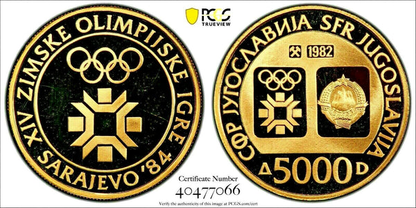 Yugoslavia 1982 Gold 5000 Dinara Winter Olympics 1984 Emblem Sarajevo PCGS PF68