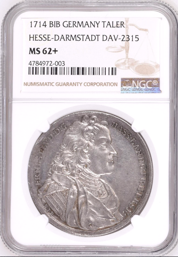 Germany 1714 Taler Hessen Darmstadt NGC MS62+ Ernst Ludwig Reichstaler Silver