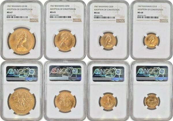Bahamas 1967 Set 4 Gold Coins Adoption of Constitution NGC PF65-68
