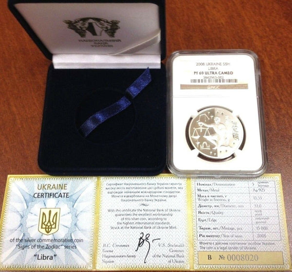 Ukraine 2008 Silver 5 Hryven Signs of the Zodiac Libra NGC PF69 Box COA