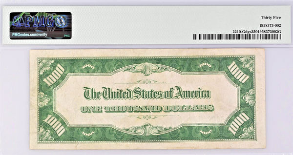 1928 $1000 Bill Federal Reserve Note Chicago Dark Green PMG VF35 Fr#2210-G