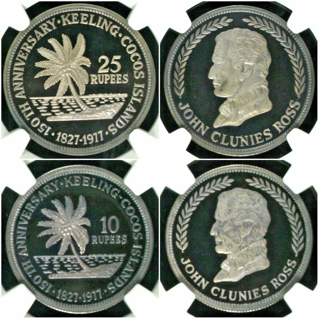 1977 Keeling Cocos Islands Silver Set 2 Coins 25 10 Rupees 150th Anniversary NGC