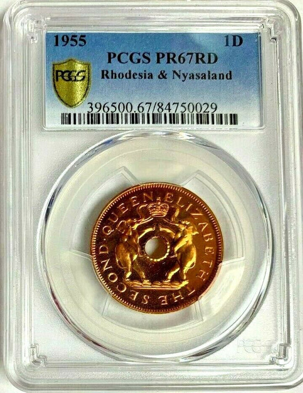 Rhodesia 1955 Nyasaland Penny Proof PSGC PR67 Coin Elephant