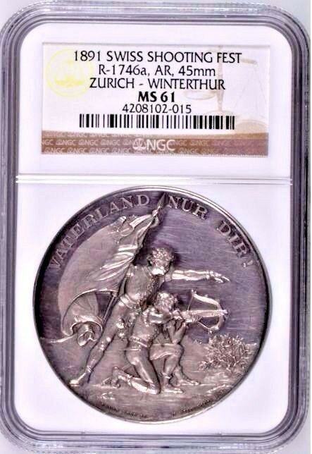 Swiss 1891 Silver Shooting Medal Zurich Winterthur R-1746a Mint-800 NGC MS61