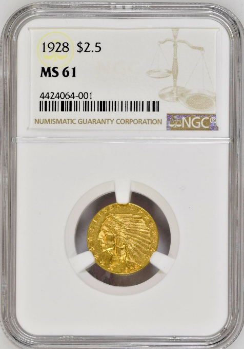1928 Gold Coin $2.5 Indian Head Quarter Eagle graded NGC MS61