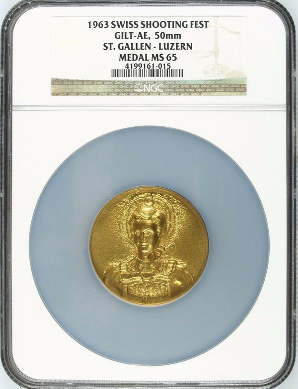 Swiss 1963 Gold Plated Bronze Shooting Medal St Gallen Luzern Woman NGC MS65