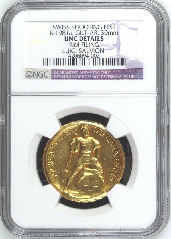 Exrimely Rare Swiss Shooting Medal Gilt Silver R-1981a 30mm NGC