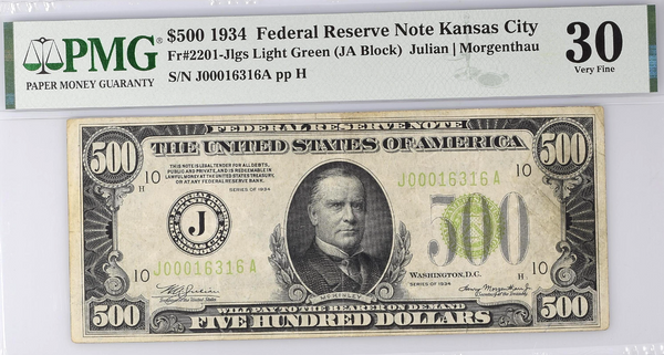 1934 $500 Federal Reserve Note Kansas City PMG VF30 Fr#2202-JLgs Light Green