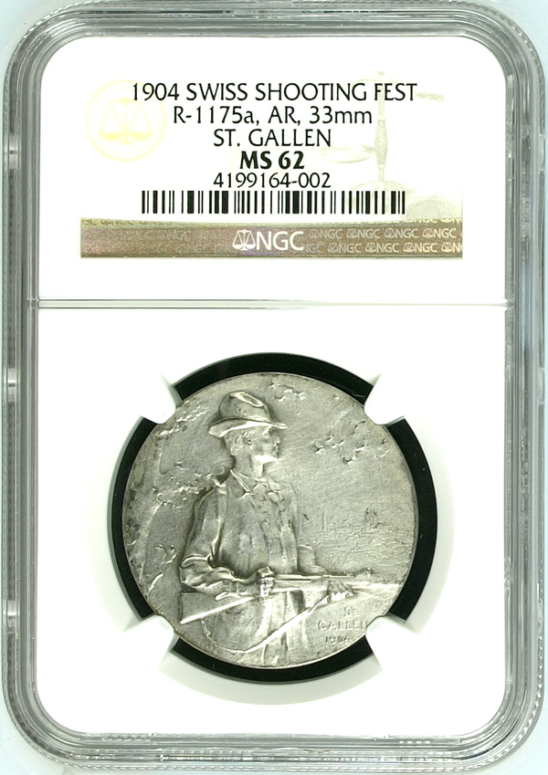 Swiss 1904 Silver Shooting Medal NGC MS62 St Gallen Box R-1175a