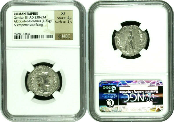 Roman Empire Double Denarius Gordian III sacrificing AD238-244  NGC XF