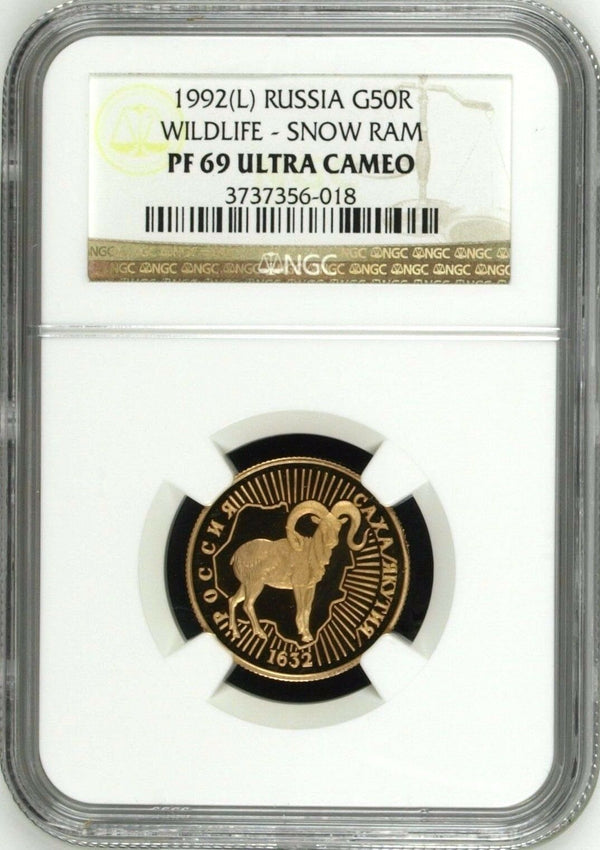 Russia 1992 Gold Coin 50 Roubles Yakutia 360th Anniv. Wildlife Snow Ram NGC PF69