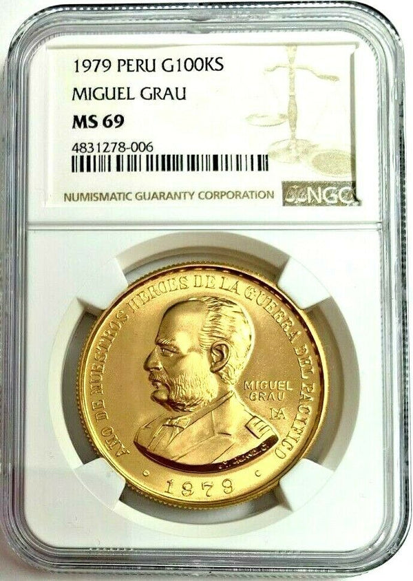 Peru 1979 Gold 100000 Soles Admiral Miguel Grau Pacific War NGC MS69 Top Pop