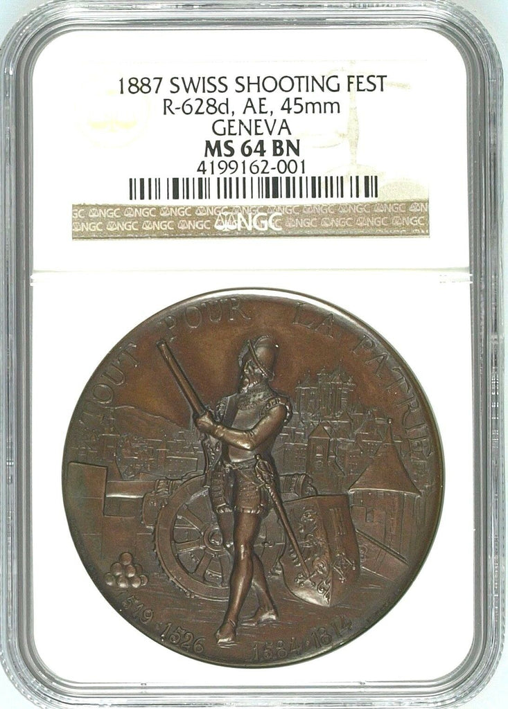 Swiss 1887 Bronze Shooting Medal Geneva R-628d Musketeer NGC MS64 Box