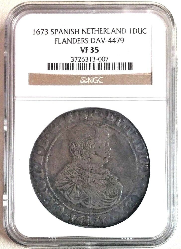 Spanish Netherlands 1673 Silver Ducaton Flanders Charles II Dav-4479 NGC VF35