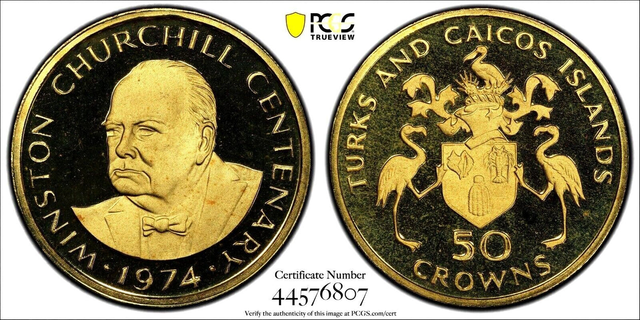 Turks & Caicos Islands 1974 Gold 50 Crowns Birth of Winston