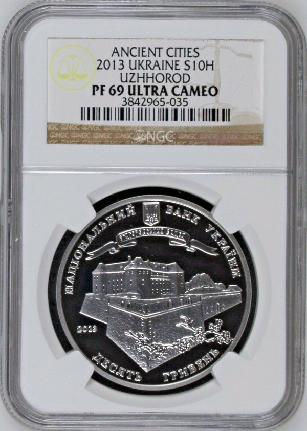 Ukraine 2013 Silver 10 Hryven 1oz Ancient Cities Uzhhorod NGC PF69 Low Mintage