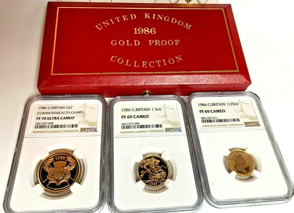 1986 United Kingdom 3 Gold Coins Set Commonwealth Games NGC PF70/69