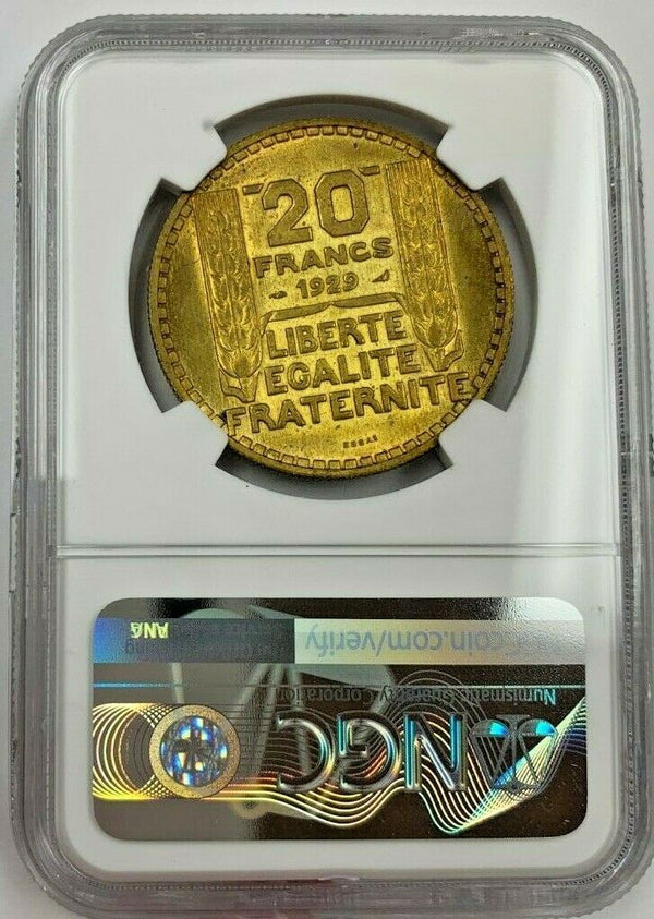 France 1929 Essai Rare Aluminum-Bronze Coin 20 Francs NGC MS63 Maz-2254A