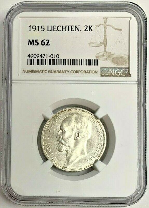 1915 Liechtenstein 2 Kronen Silver Coin John Johann II NGC MS62