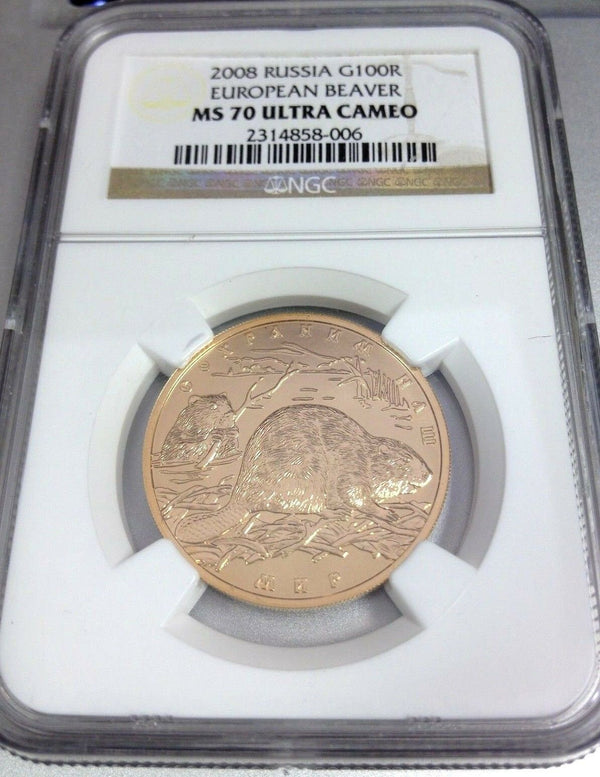 2008 Russia Gold 100 Roubles Rubles European Beaver Safe Our World NGC MS70 Rare