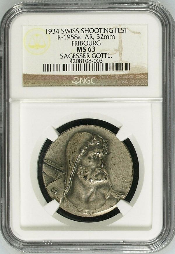 Swiss 1934 Silver Shooting Medal Fribourg Sägesser Gottl R-1958a NGC MS63