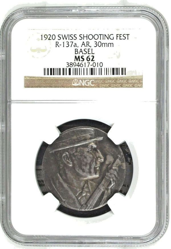 Rare Swiss 1920 Silver Medal Shooting Fest Basel R-137a NGC MS62 Mintage-70