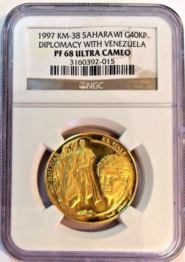 Rare Saharawi 1997 Gold 40K Pesetas Simon Bolivar Diplomacy Venezuela NGC PF68