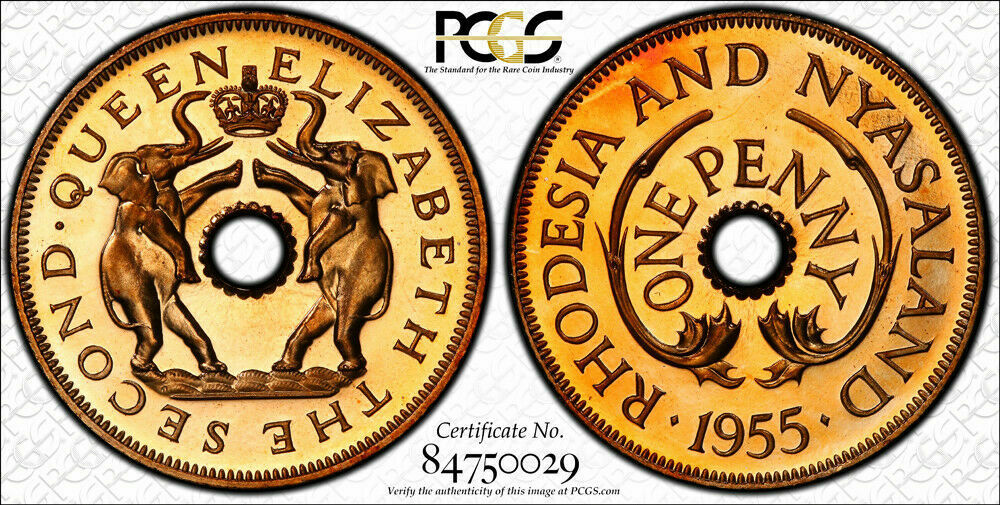 Rhodesia 1955 Nyasaland Penny Proof PSGC PR67 Coin Elephant