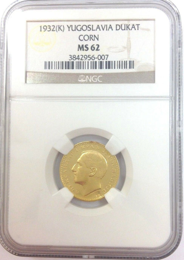Yugoslavia 1932 (K) Gold Dukat Alexander I Countermark Ear of Corn NGC MS62 Rare