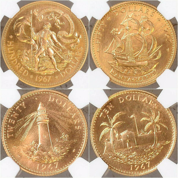 Bahamas 1967 Set 4 Gold Coins NGC MS67/66/64 commemorate the new constitution