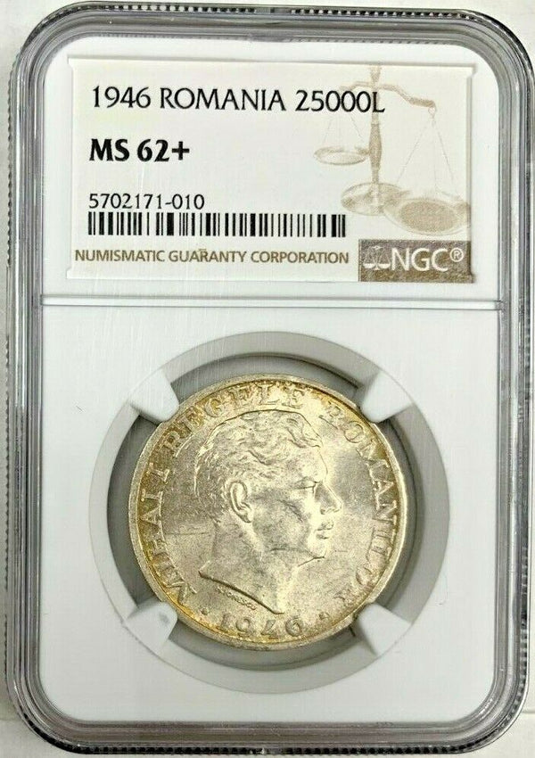 Romania 1946 Silver Coin 25000 Lei King Michael I Graded by NGC MS62+