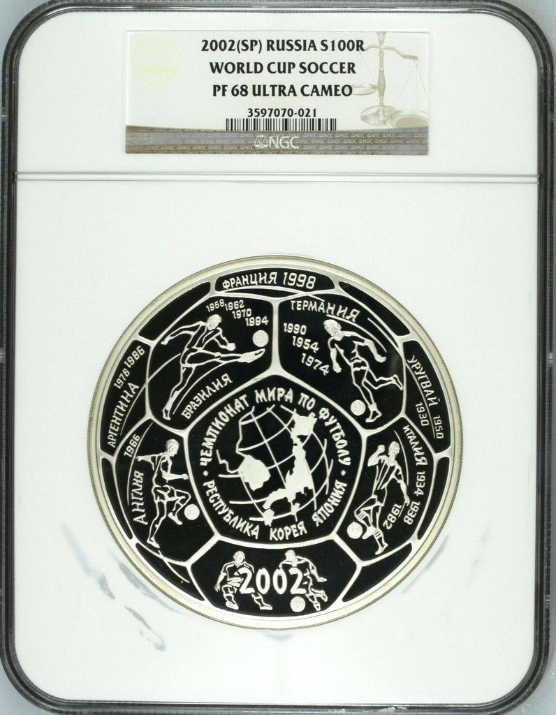 Russia 2002 1 kg Silver 100 Roubles World Cup Soccer NGC PF68 Football Rare Box