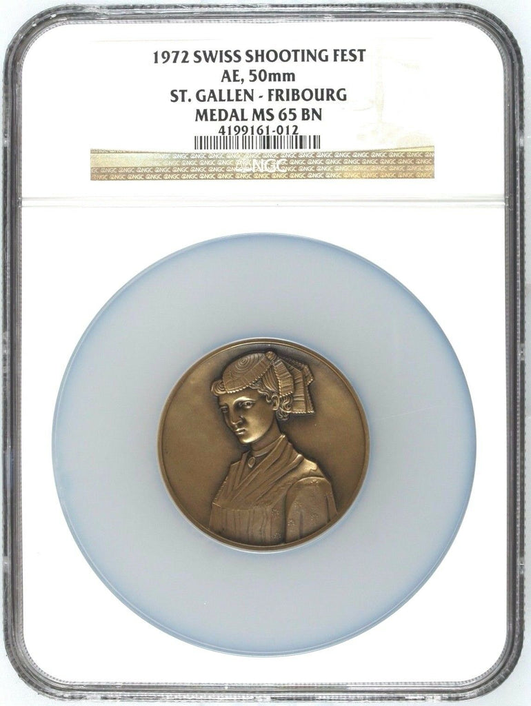 1972 Swiss Bronze Shooting Medal St Gallen Fribourg NGC MS65 Beautiful Woman