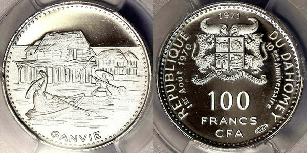 1971 Dahomey Silver 100 Francs PCGS PF68 10th Independence Buildings Lake Ganvié