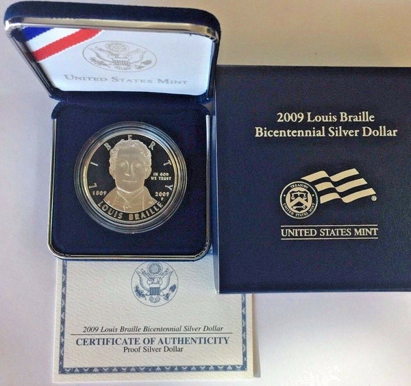 2009 LOUIS BRAILLE BICENTENNIAL UNCIRCULATED SILVER DOLLAR COIN WITH BOX  AND COA