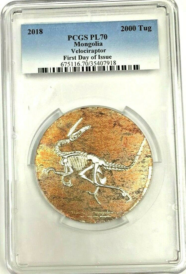 2018 Mongolia 2000 Tugrik Silver Coin Velociraptor First Day of Issue PCGS PF70