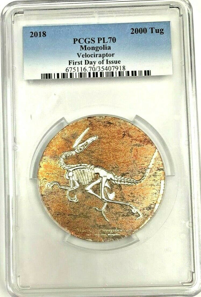 2018 Mongolia 2000 Tugrik Silver Coin Velociraptor First Day of Issue PCGS PF70