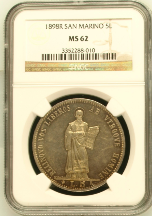 San Marino Republic 1898 R Silver 5 Lira NGC MS62 Mintage-18,000