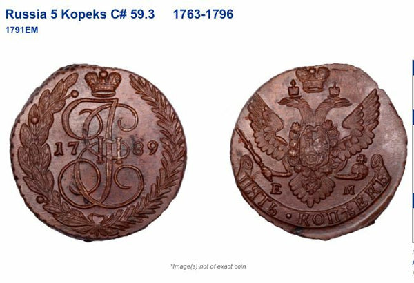 Russia 1789 EM Cooper Coin 5 Kopeks Catherine the Great C# 59.3 NGC AU55