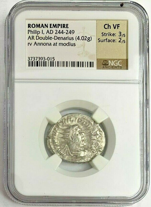 Roman Philip I AD244-249 Silver Antoninianus Annona holding grain ears NGC Ch VF