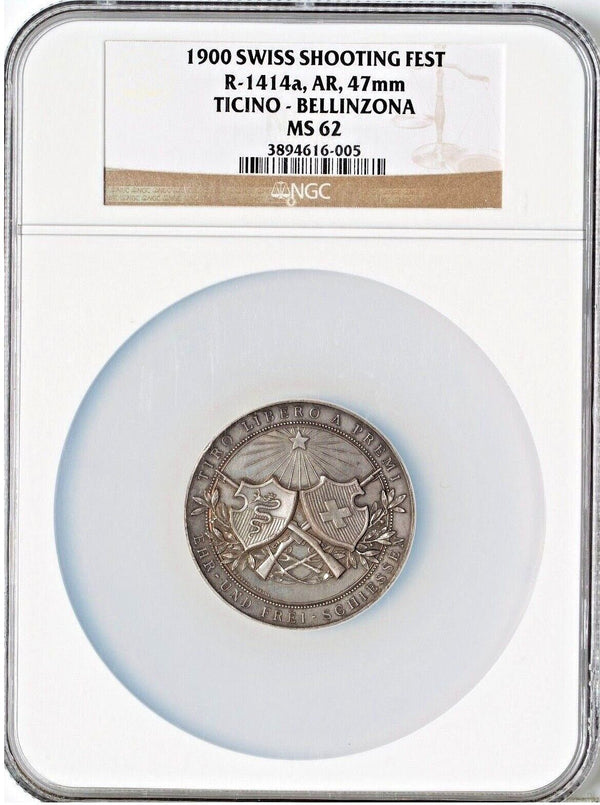 Swiss 1900 Rare Silver Shooting Medal Fest Ticino Bellinzona R-1414a NGC MS62