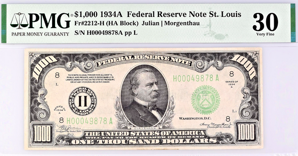 1934A $1000 Bill Federal Reserve Note St. Louis PMG VF30 Fr#2212-H Small Size