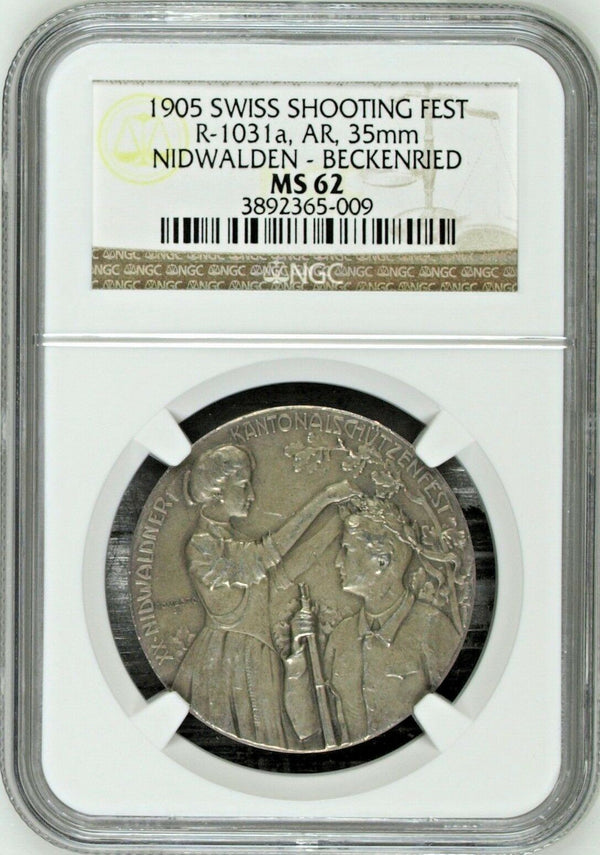 Swiss 1905 Silver Medal Shooting Fest Nidwalden Beckenried R-1031a NGC MS62 Rare