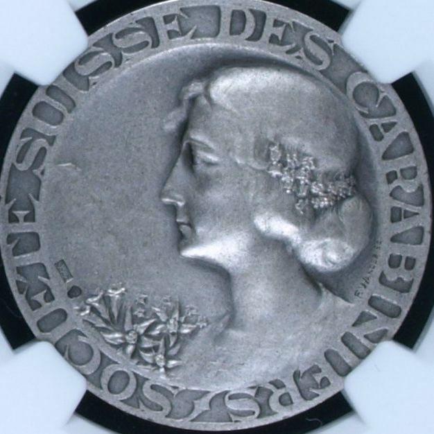 Rare Swiss 1921 Silver Shooting Medal Woman Louis Herbelin R-1974a NGC MS64