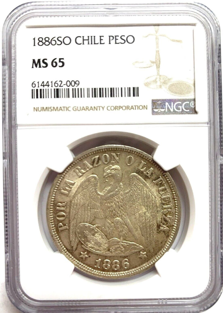 Chile 1886 Silver Coin 1 Peso Andean Condor NGC MS65 Top Pop