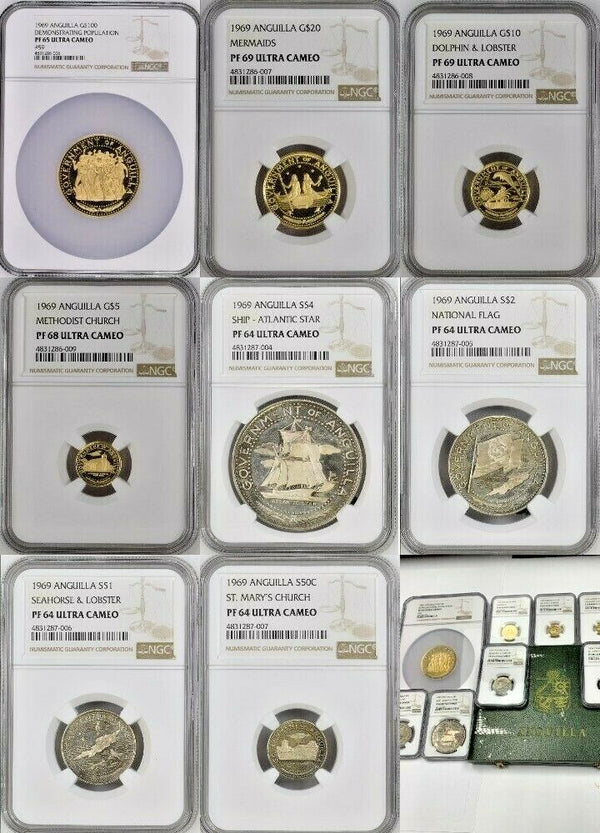 Anguilla 1969 Set 8 Gold Silver Coins NGC PF64-69 Rare